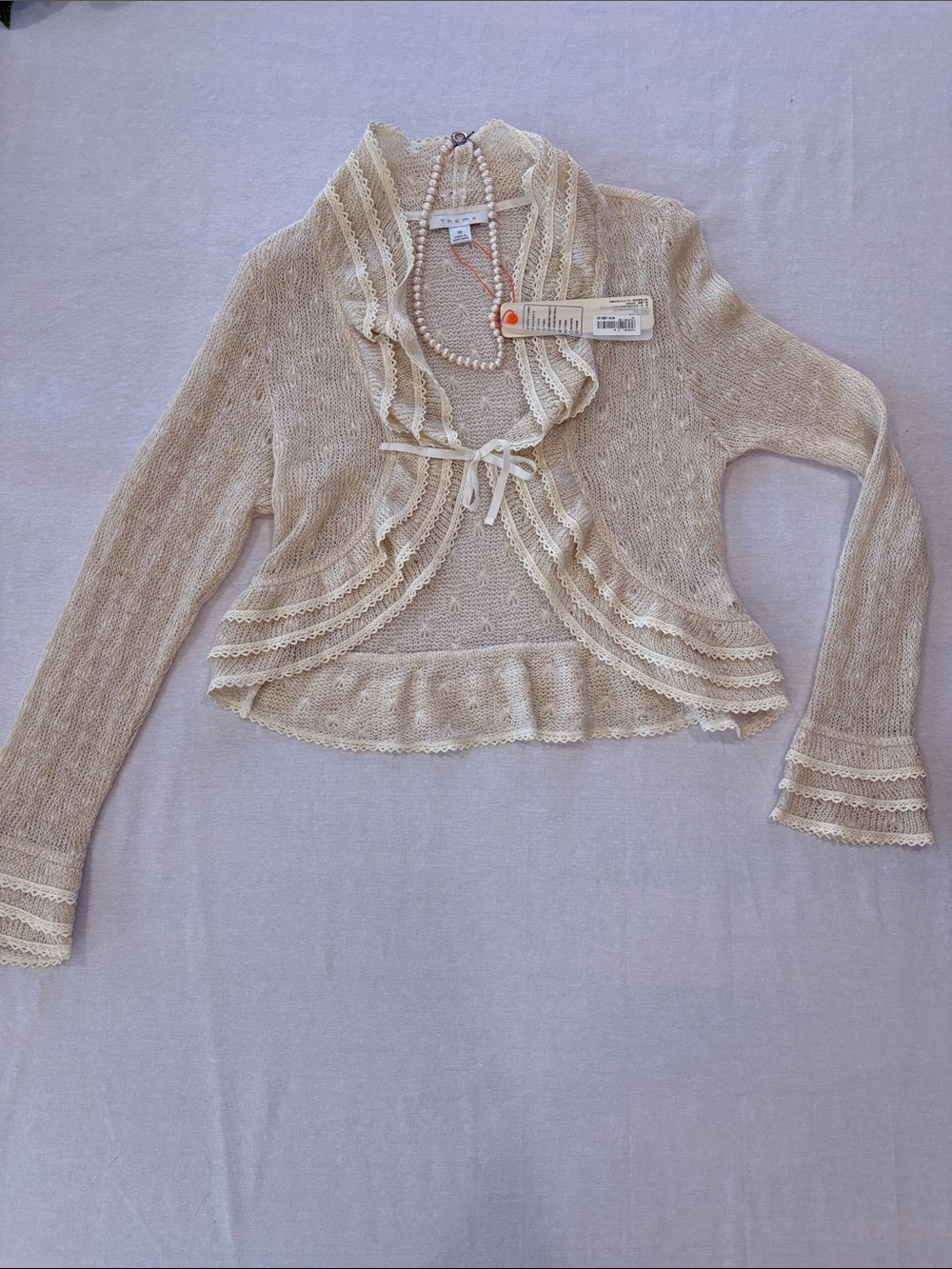 Theme Cream Lace-Trim Ruffle Open Cardigan